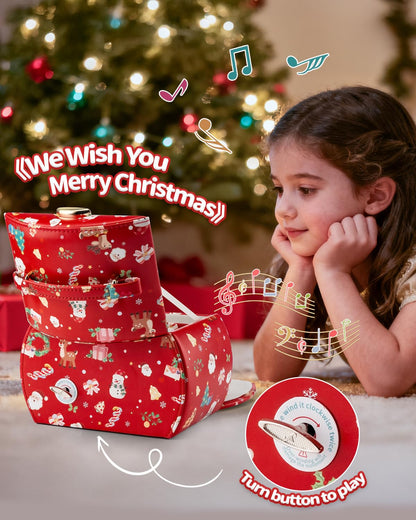 Vlando Kids Musical Jewelry Box for Girls with Drawer, Music Box with Ballerina and Stickers for Birthday Bedroom Decor, Christmas Gifts for Girls Kids - Christmas Red