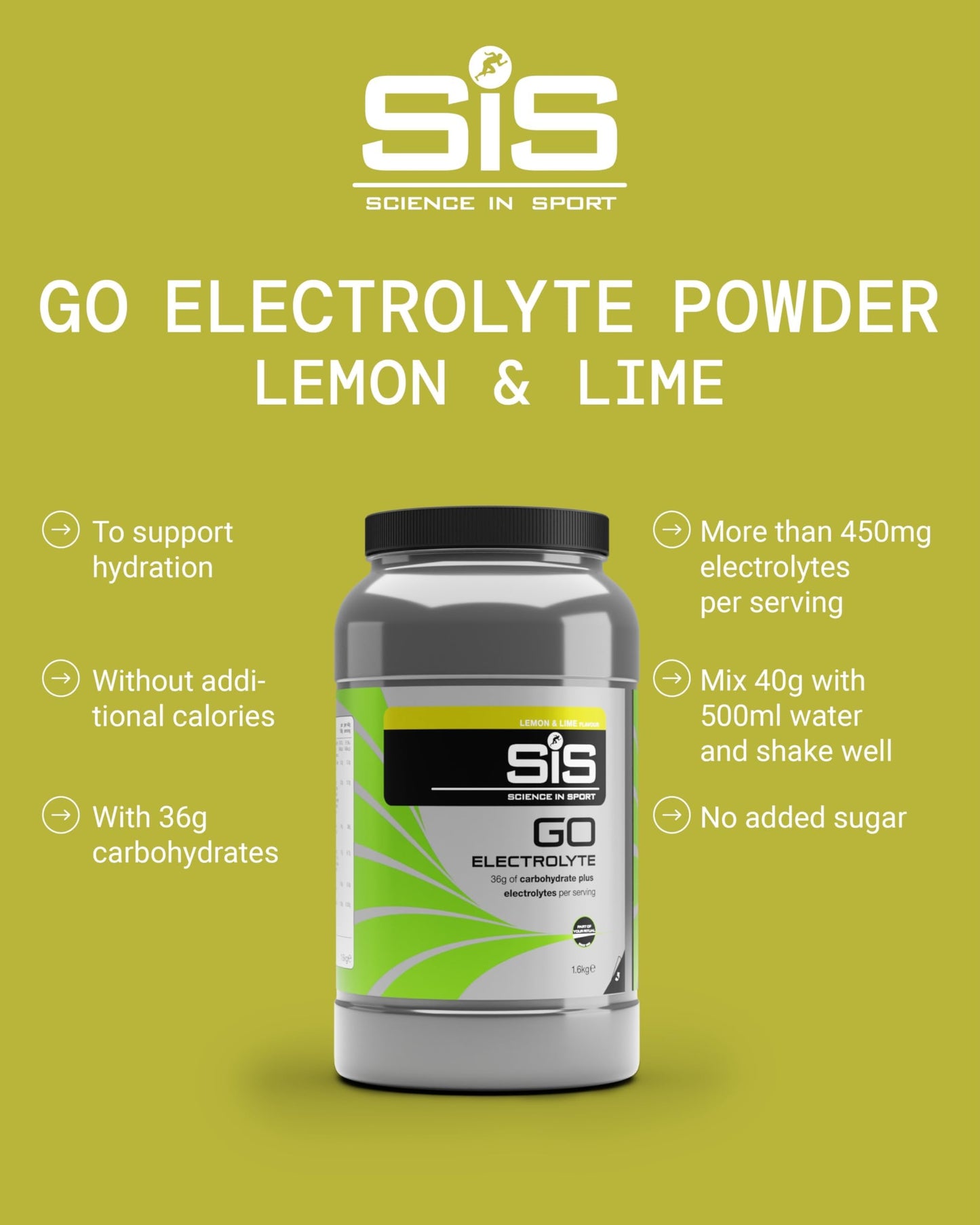 Science In Sport GO Electrolyte Powder Energy Drinks, High Carbohydrates and Sodium, Lemon and Lime Flavour, 40 Servings Per 1.6kg