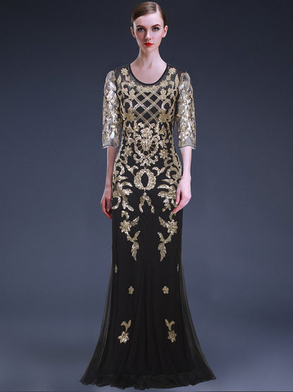 Vijiv Vintage 1920s Long Wedding Prom Dresses 2/3 Sleeve Sequin Party Evening Gown, Black/Gold, L