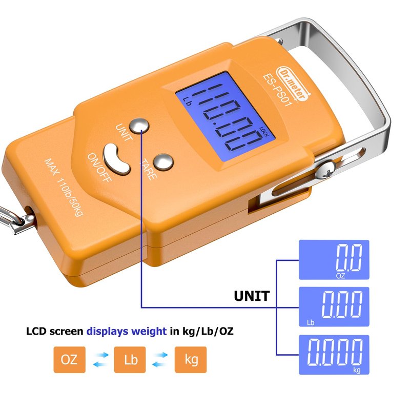 Dr.meter Fish Scale Luggage Scale Fishing Gear - 110lb/50kg Backlit LCD Display Digital Scale with Built-in Measuring Tape - Fishing Scale with 2 AAA Batteries, Pocket Size - Fishing Gifts for Men