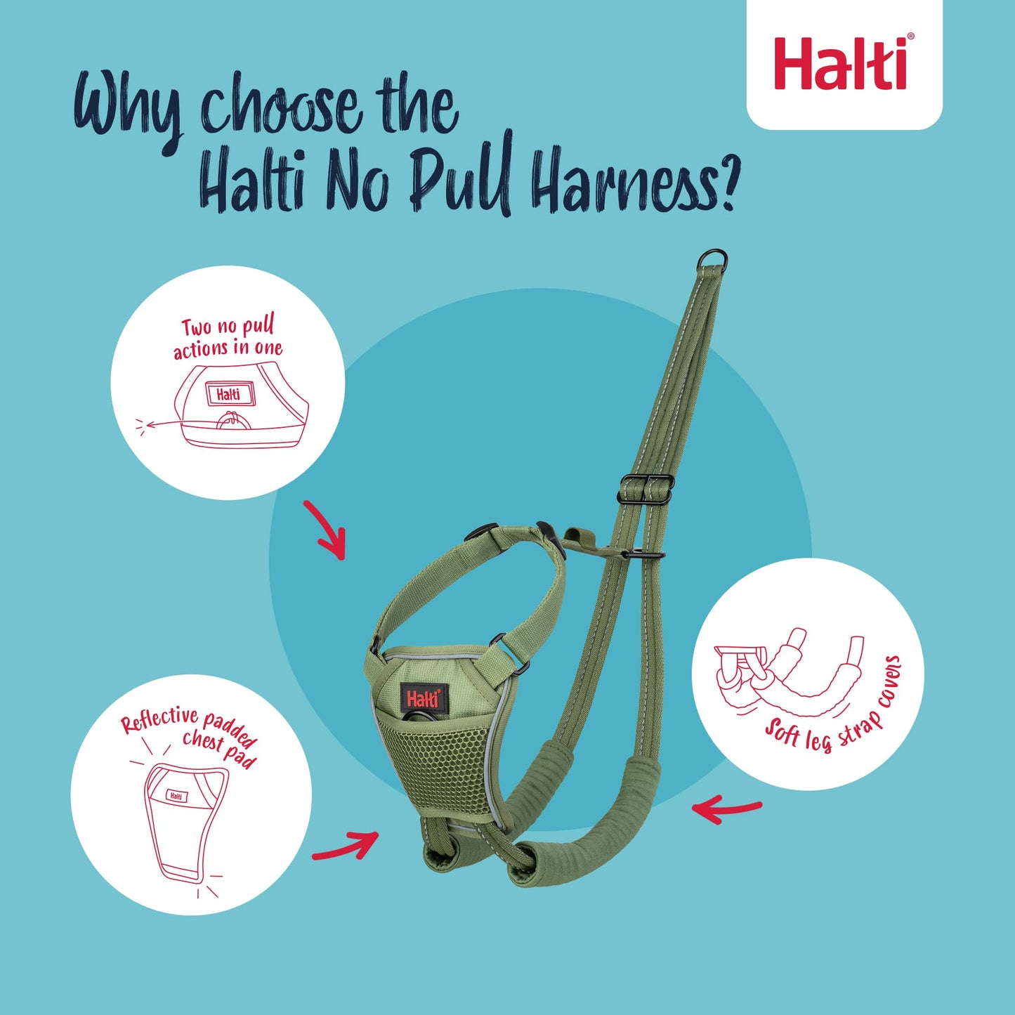 HALTI No Pull Harness - to Stop Your Dog Pulling on The Leash. Adjustable, Lightweight and Easy to Use. Reflective Dog Training Harness for Large Dogs (Size L, Forest Green)