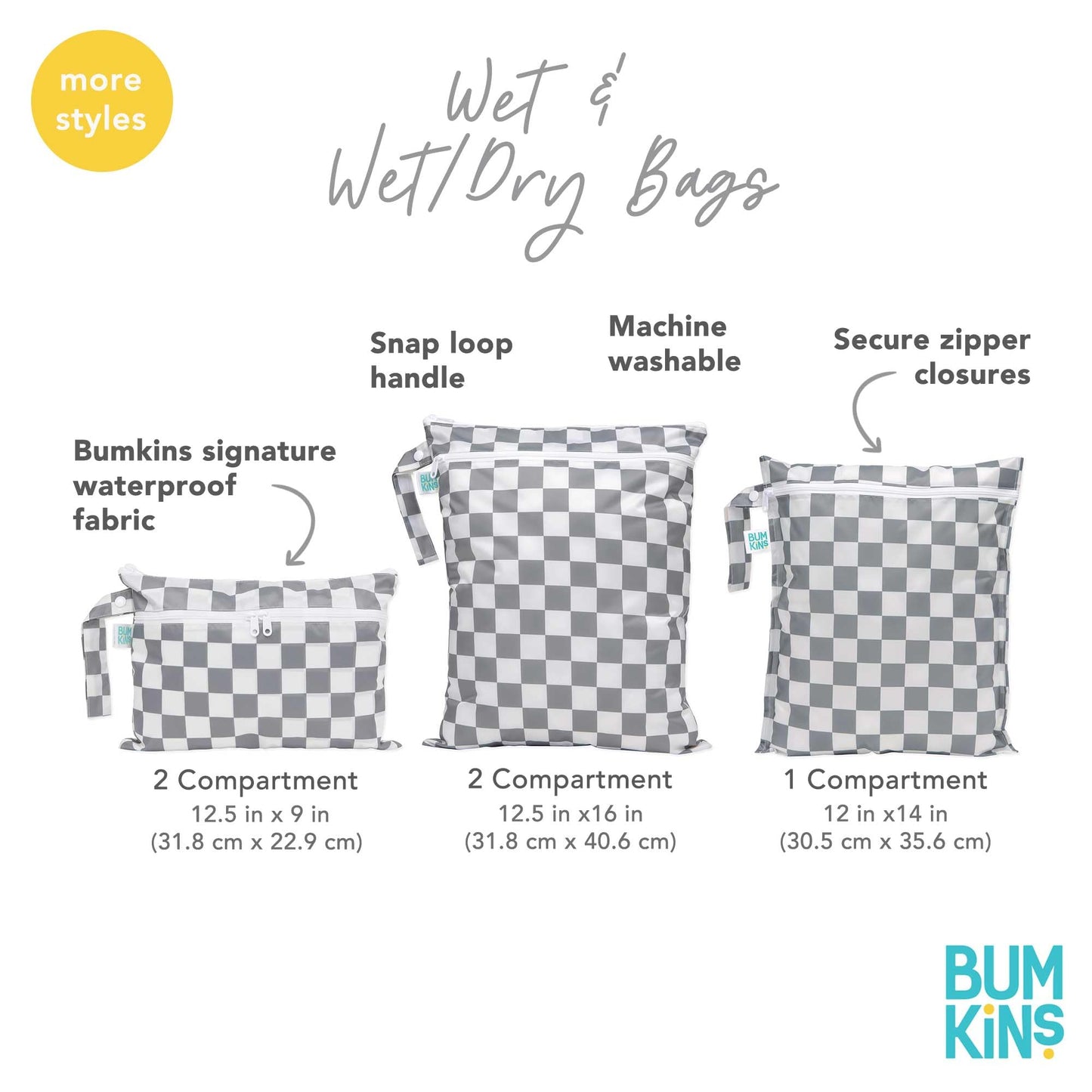 Bumkins Waterproof Wet Bag for Baby, Travel, Swim Suit, Cloth Diapers, Pump Parts, Pool, Beach, Gym Clothes, Toiletry, Hook to Stroller, Daycare, Zip Reusable Wetdry Pack, 2-pk Palm Trees, Beige Check