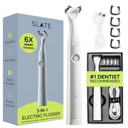 Slate Electric Flosser - Starter Set | 3-in-1 Dentist-Invented with Reusable Floss Heads, Gum Brushes & Tongue Scraper | More Effective Than String or Water Floss
