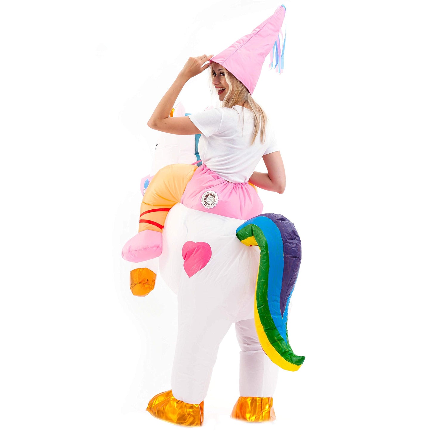 Spooktacular Creations Inflatable Costume Adult, Riding a Unicorn Blow-up Deluxe Halloween Costume with Hat for Halloween Dress Up Parties, White, X-Large(71In)