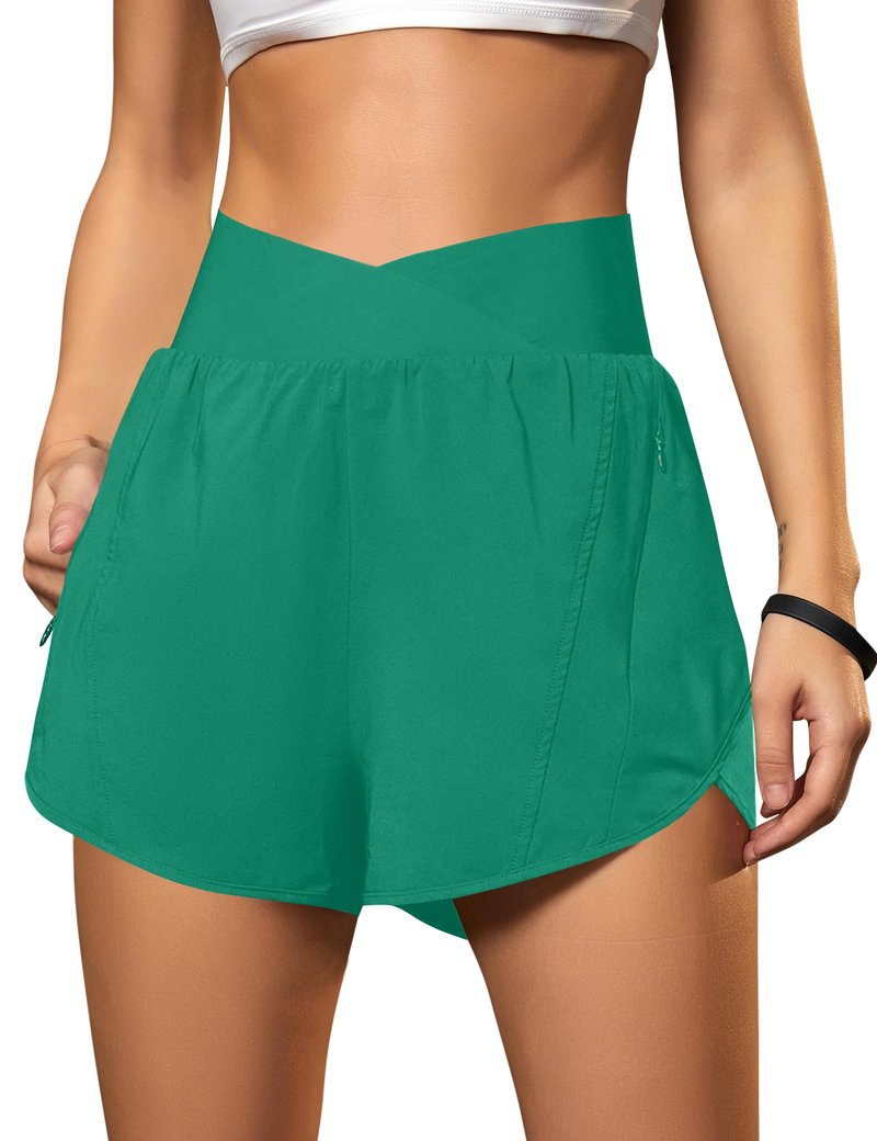 Blooming Jelly Women's Workout Shorts Athletic Running Crossover High Waisted Gym Sport Yoga Shorts with Zipper Pockets (Green,Small)