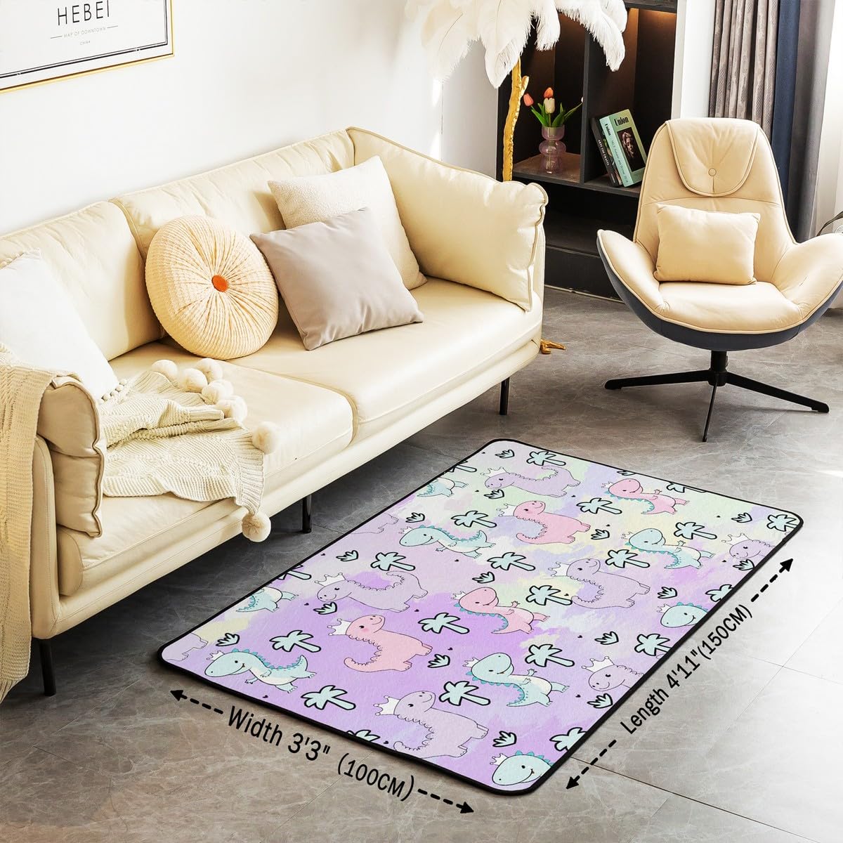 Erosebridal Dinosaur Area Rug 3'x5', Kawaii Dinosaur Carpet for Kids Girls Boys Teens Gift Bedroom Decor, Cartoon Cute Animals Decorative Rug Mat,Palm Leaf Accent Rug Set, Green Purple Pink