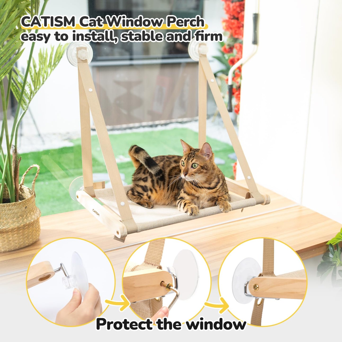 Cat Window Perch - Foldable Cat Hammock for Window, Soft Seat Machine Washable, Solid Wood Frame, 4 Suction Cups, Cats Window Hammock Load Weight Up to 40lbs