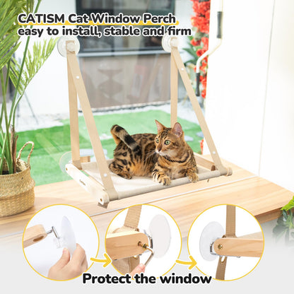 Cat Window Perch - Foldable Cat Hammock for Window, Soft Seat Machine Washable, Solid Wood Frame, 4 Suction Cups, Cats Window Hammock Load Weight Up to 40lbs