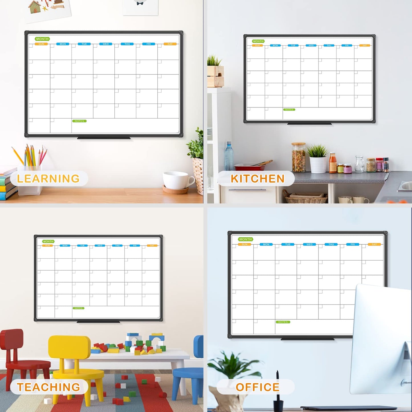 JILoffice Dry Erase Calendar Whiteboard - Magnetic White Board Calendar Monthly 36 X 24 Inch, Black Aluminum Frame Wall Mounted Board for Office Home and School