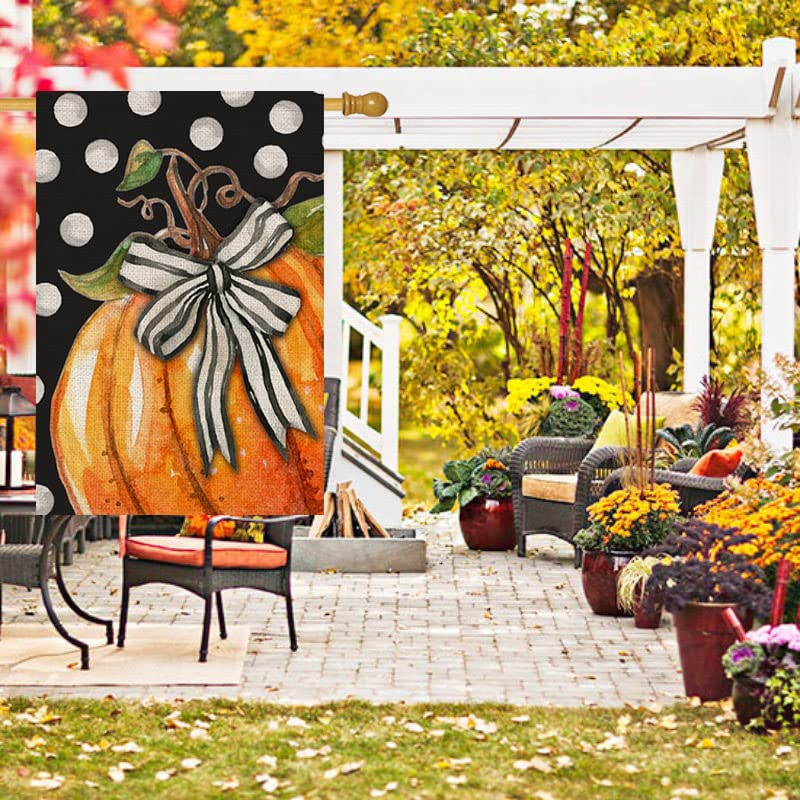 Fall Pumpkin House Flag for Outdoor 28x40 Double Sided,Seasonal Pumpkin with Bowknot White Dots Yard Flags for Outside,Holiday Decorative House Flag for Thanksgiving Farmhouse Autumn Décor