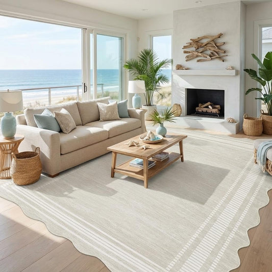 GarveeHome Scalloped 9x12 Area Rugs for Living Room Non-Slip, Modern Neutral Washable Rugs for Bedroom Large Solid Farmhouse Rug Bordered Carpet for Apartment Table Dorm Nursery, Cream 9x12