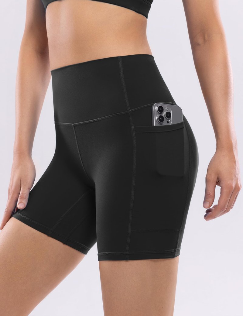 POSHDIVAH Women's Creamluxe Yoga Shorts with Pockets - 6" High Waisted Spandex Workout Running Volleyball Biker Shorts, Black Medium
