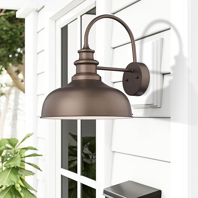Bestshared Gooseneck Barn Light 14 Inch Dome Farmhouse Wall Sconce, Outside Wall Mount Light, Exterior Lighting Fixture, Front Door Porch Lantern Lamp for Entryway, Patio (ORB+White, 14” Dome-2Pack)