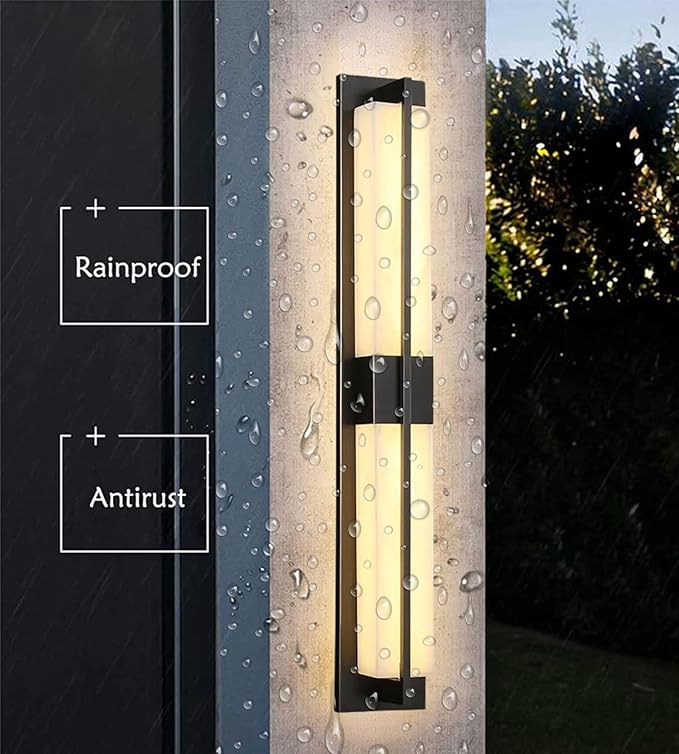 LED Outdoor Wall Lights Fixture Lamps. Modern Elegant Acrylic lampshade with Marble Texture, Aluminum Body. Exterior Black Sconce Wall Lantern IP65 Waterproof Anti Rust. (Modern LED Black 40''H, 24W)