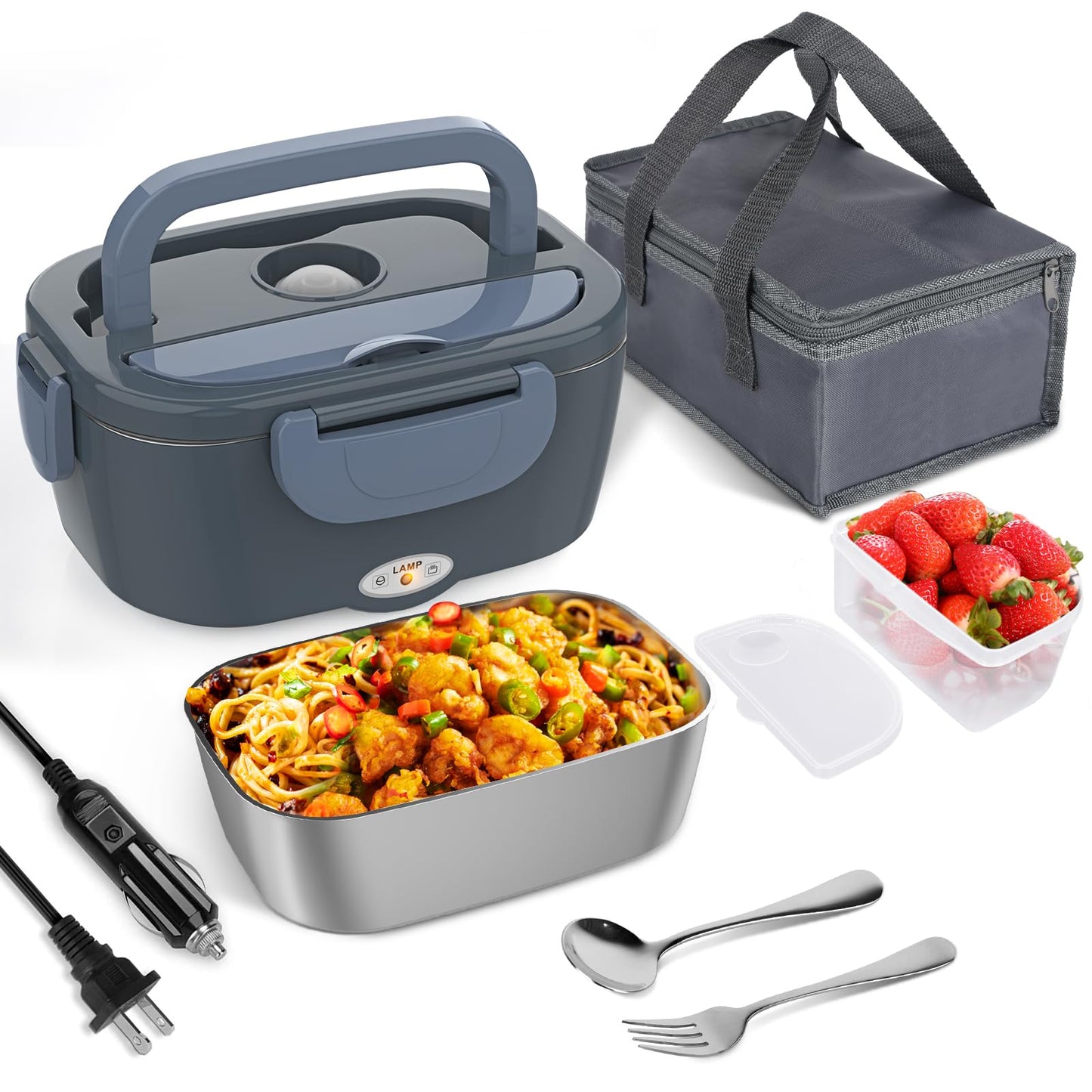 Akhia 80W Fast Electric Lunch Box for Adults 1.5L Portable Heated Lunch Box with 12V/24V/110V Includes Stainless Steel Container, Fork & Spoon & Insulated Bag (Ideal for Car/Truck/Office Use)