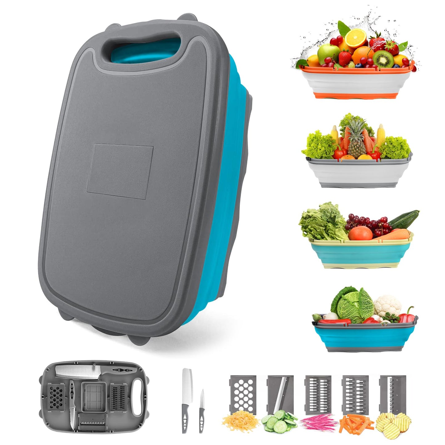 Gintan Camping Cutting Board, 9-in-1 Collapsible Chopping Board with Colander, Kitchen Vegetable Washing Basket for Camping, Camping Gifts Camping Accessories for RV Campers (Blue+Grey)