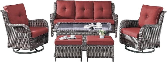 Rilyson Wicker Patio Furniture Set - 6 Piece Rattan Outdoor Sectional Conversation Sets with 2 Rocking Chair,2 Ottoman,1 Sofa and 1 Coffee Table for Porch Deck Garden(Mixed Grey/Red)