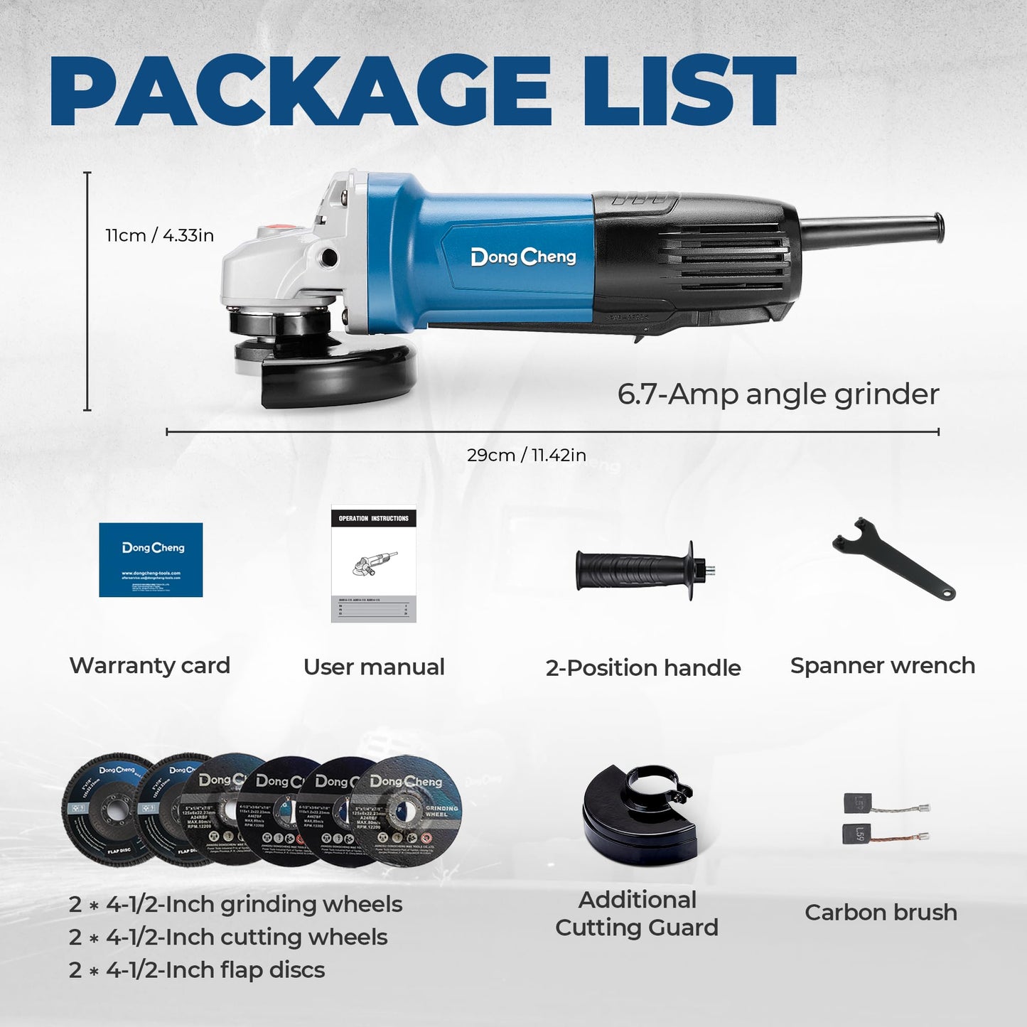 DongCheng Angle Grinder 4-1/2 inch 6.7-Amp Paddle Switch 11800RPM Power Electric Grinder Tools with Cutting & Grinding Wheels, Flap Discs, Auxiliary Handle for Metal & Rust Removal, Beginner-Friendly