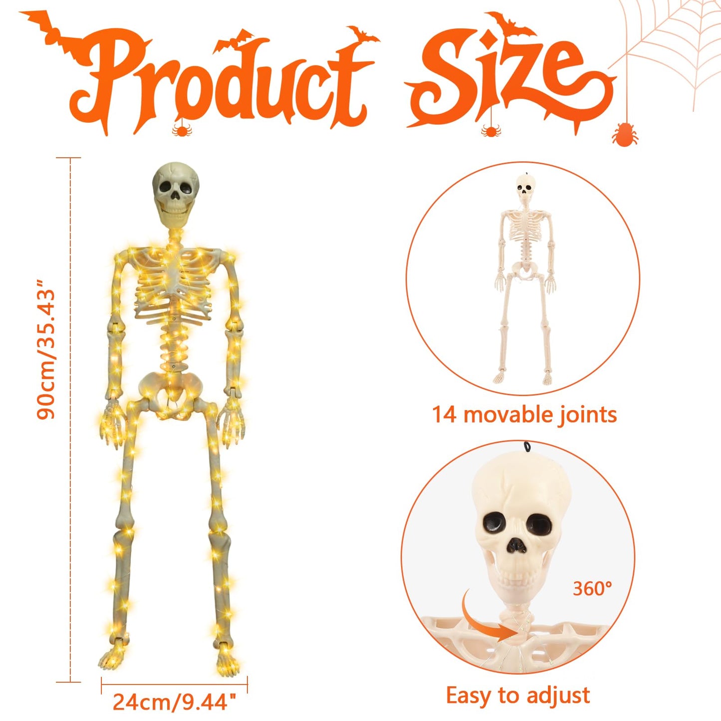 2 Pack 36 Inches Halloween Skeleton Decoration, 3 FT Light Up Halloween Skeletons Full Body with Movable Posable Joints for Decor Outdoor Indoor Yard Garden Lawn (with White Light)