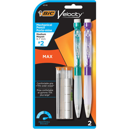 BIC Velocity Max Mechanical Pencils, With Colorful Barrel, Medium Point (0.7mm), 2-Count Pack Mechanical Pencils With Erasers and Lead Refills