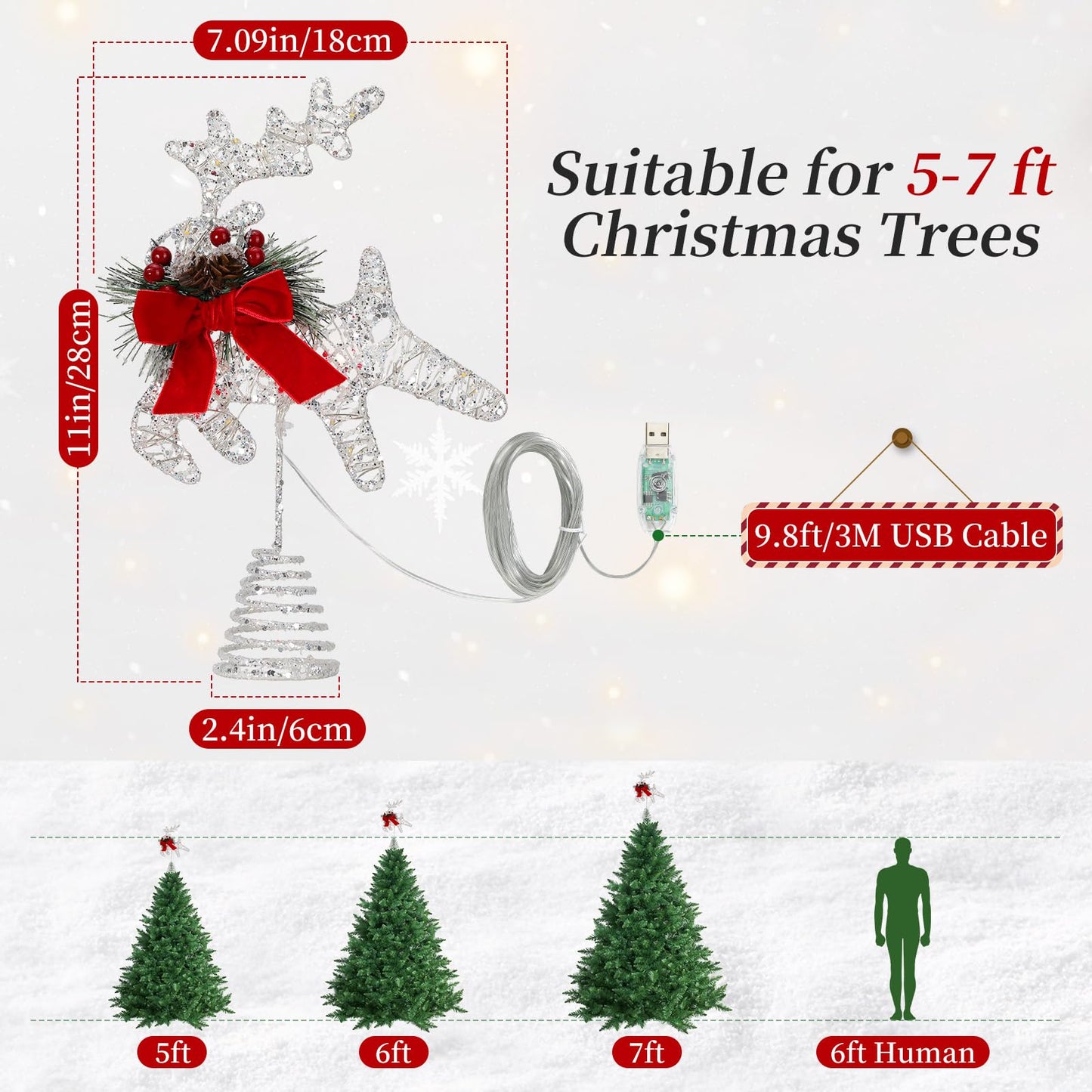 Lewondr Christmas Tree Topper, 11'' Metal Reindeer Christmas Star Tree Topper with Pine Leaves and Bow,30 LED Bulbs,6H Timer, 8 Light Modes, USB & Remote Control Deer Treetop for Home Xmas Decor,White