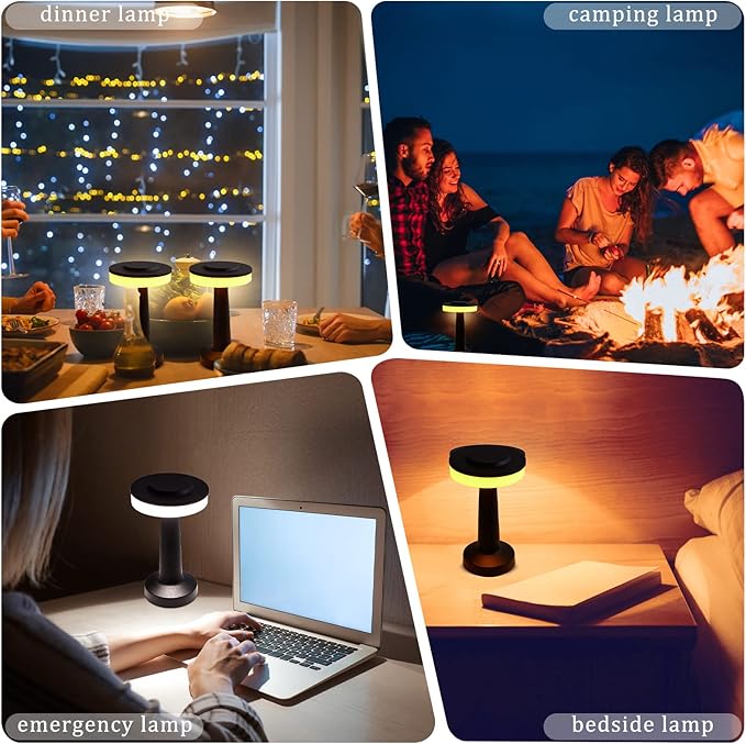 Riakrum Set of 2 LED Portable Cordless Table Lamp with Touch Sensor 3 Color Stepless Dimming Rechargeable Battery up to 15 Hours Cordless Table Light Wireless Lamp for Nursery(Black,2 Pcs)