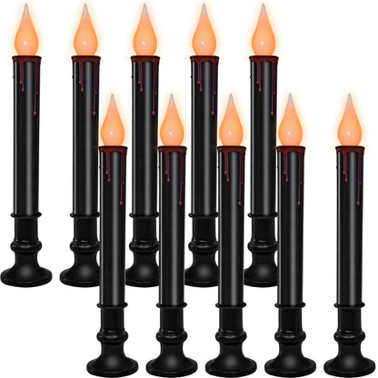 SUNSGNE 9'' Halloween Window Battery Operated Candle Lights with LED Flameless Flicker Lights, Black Candles Automatic Timer Lamps for Indoor Windows Dining Table Decor, Pack of 10