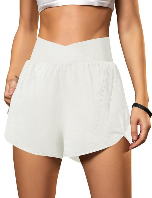 Blooming Jelly Women's Workout Shorts Athletic Running Elastic High Waisted Black Gym Yoga Shorts with Zipper Pockets (White,Medium)