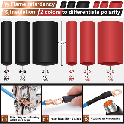 150pcs Battery Cable Ends, Copper Wire Lugs Assortment Kit AWG 2 4 6 8 10 Gauge - 70Pcs Battery Cable Lugs Ring Wire Terminal Connectors and 80Pcs Heat Shrink Tubing Kit for Marine Electrical Supplies