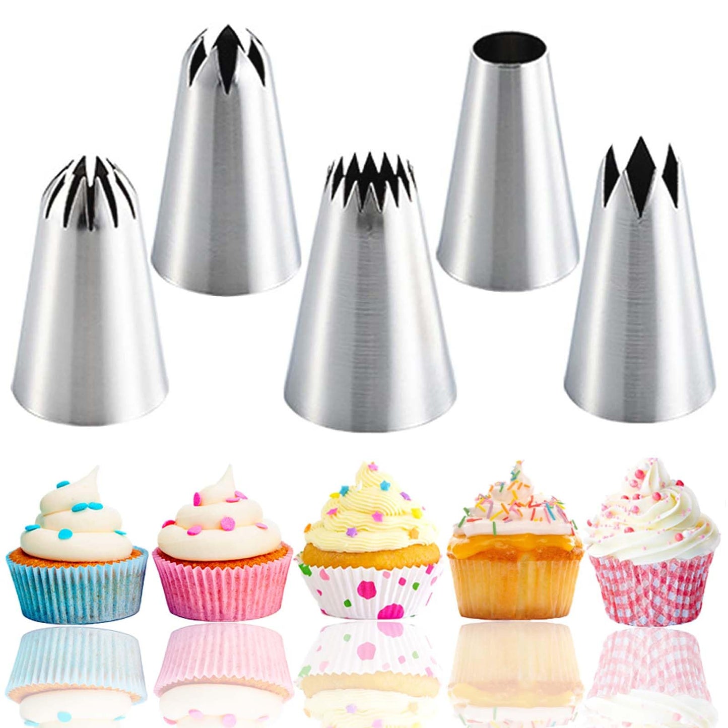 JAYVAR 5 Large Piping Tips Set - 5 Different Frosting Tips for Cake Decorating - Cupcake Pastry Tips for Cookies Cake Decorating Piping Tips Model 1A 1E 348 347 356