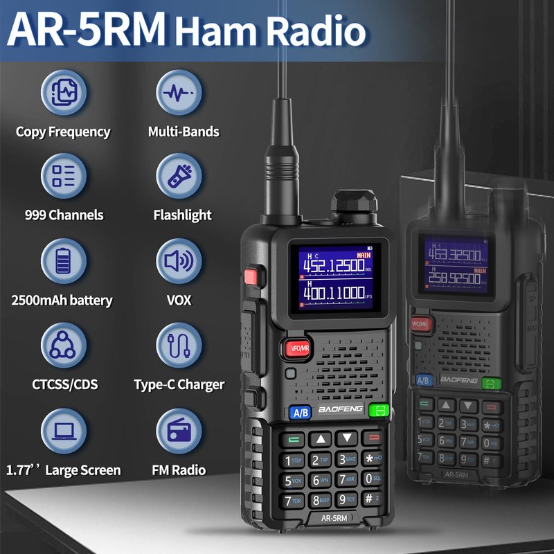 Ham Radio Baofeng Radio 5RM 10W Long Range Handheld AR-5RM Two Way Radio UV-5R NOAA Weather Receiver Rechargeable Walkie Talkies Longe Range DTMF Copy Frequency 999CH with Type C Charging(1 Pack)