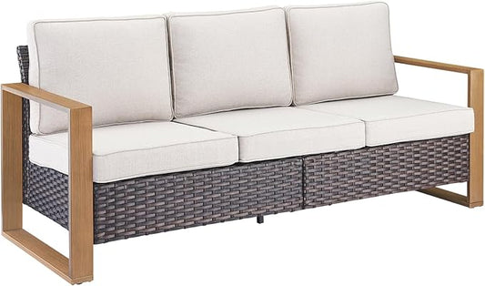 Rilyson Outdoor Couch Wicker Patio Sofa, Rattan Patio Furniture Sofa with Sturdy Frame,All-Weather PE Wicker,Wide Armrest,Deep Seating and Thick Cushions for Deck Porch Garden(Brown/Beige)