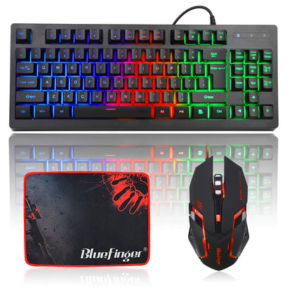 BlueFinger RGB 87 Keys Gaming Keyboard and Backlit Mouse Combo, 75% USB Wired Rainbow Keyboard, Gaming Set for Laptop PC Computer Game and Work