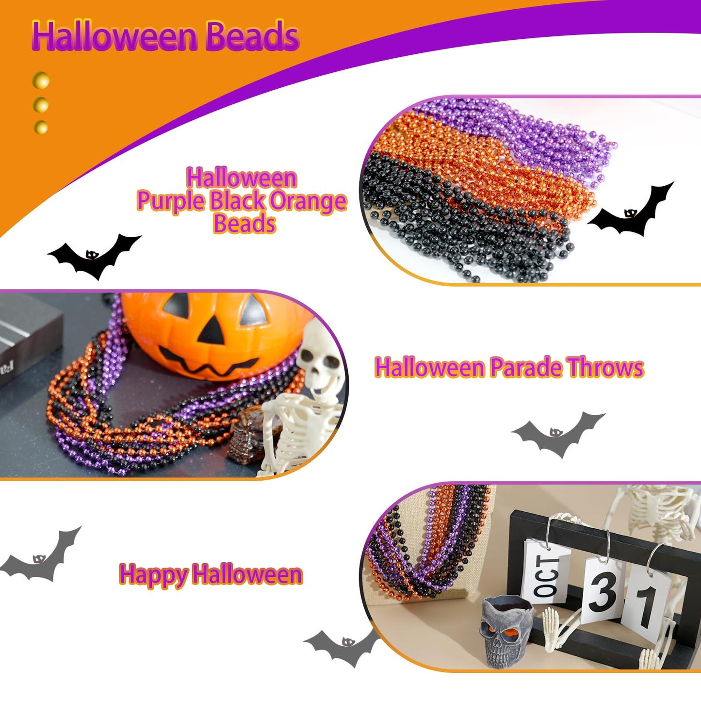 SHAOQINLIN 24 PCS Halloween Bead Necklace, Halloween Purple Black Orange Bead Necklaces, 33" Metallic Beaded Party Necklaces for Halloween Parade Throws Halloween Trick or Treat Decorations