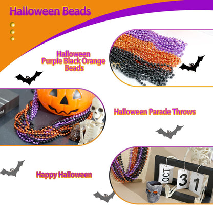 SHAOQINLIN 102PCS Halloween Bead Necklace, Purple Black Orange Bead Necklaces, 33" Metallic Beaded Party Necklaces for Halloween Parade Throws Halloween Trick or Treat Decorations