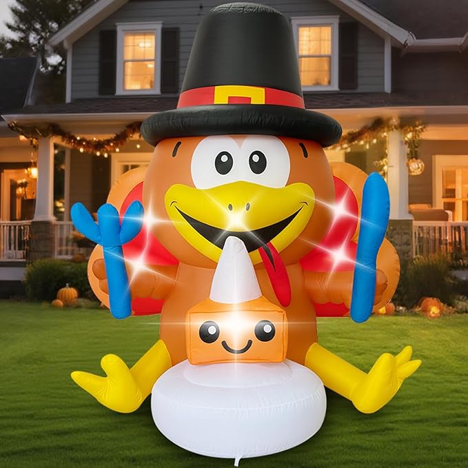 Thanksgiving Inflatables Turkey Outdoor Decorations 5FT Fall Inflatable Turkey with Built-in LED Lights with Cake Blow up Outdoor Lawn Yard Decoration