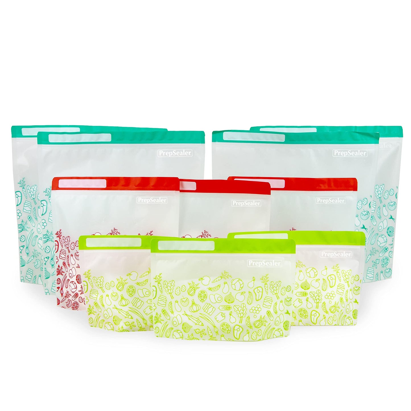 PrepSealer Reusable Food Storage Bags – Keep Fruits, Veggies & Meats Fresh Longer -10 Pieces (3 S, 3 M, 4 L)