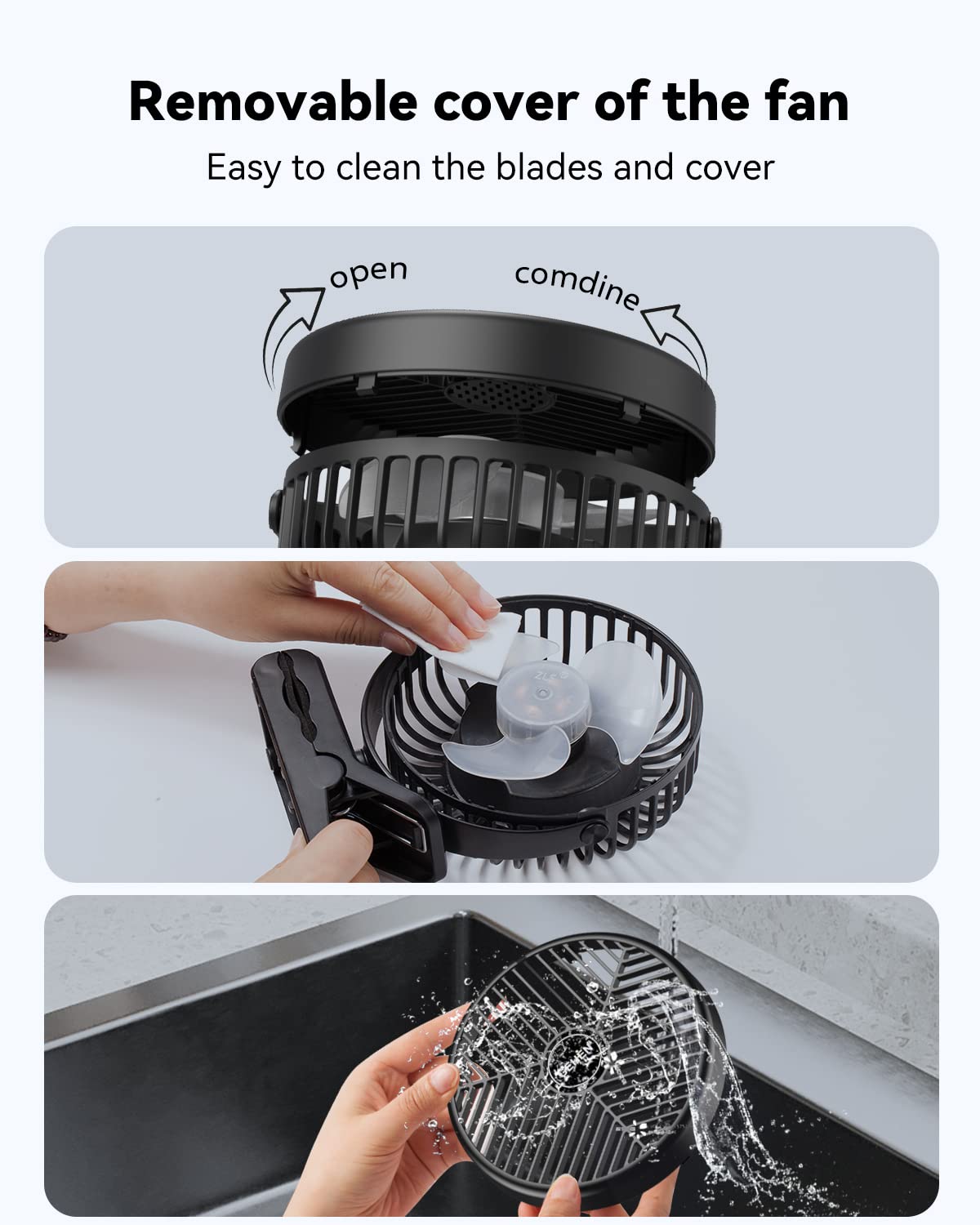 GEHEN Clip-On Fan with Sturdy Clamp, USB-Powered Fan 3-Speed, Ultra-Quiet Operation Ideal for Bedroom, Office, & Stroller