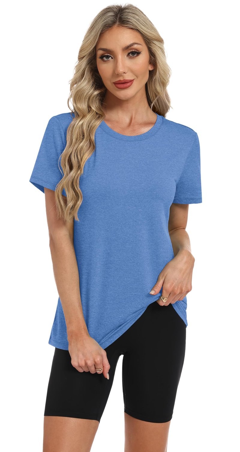 NIASHOT Summer Tops for Women 2025 Short Sleeve Workout Clothes Athletic Shirts Pilates Outfits Camisetas Deportivas para Blue L