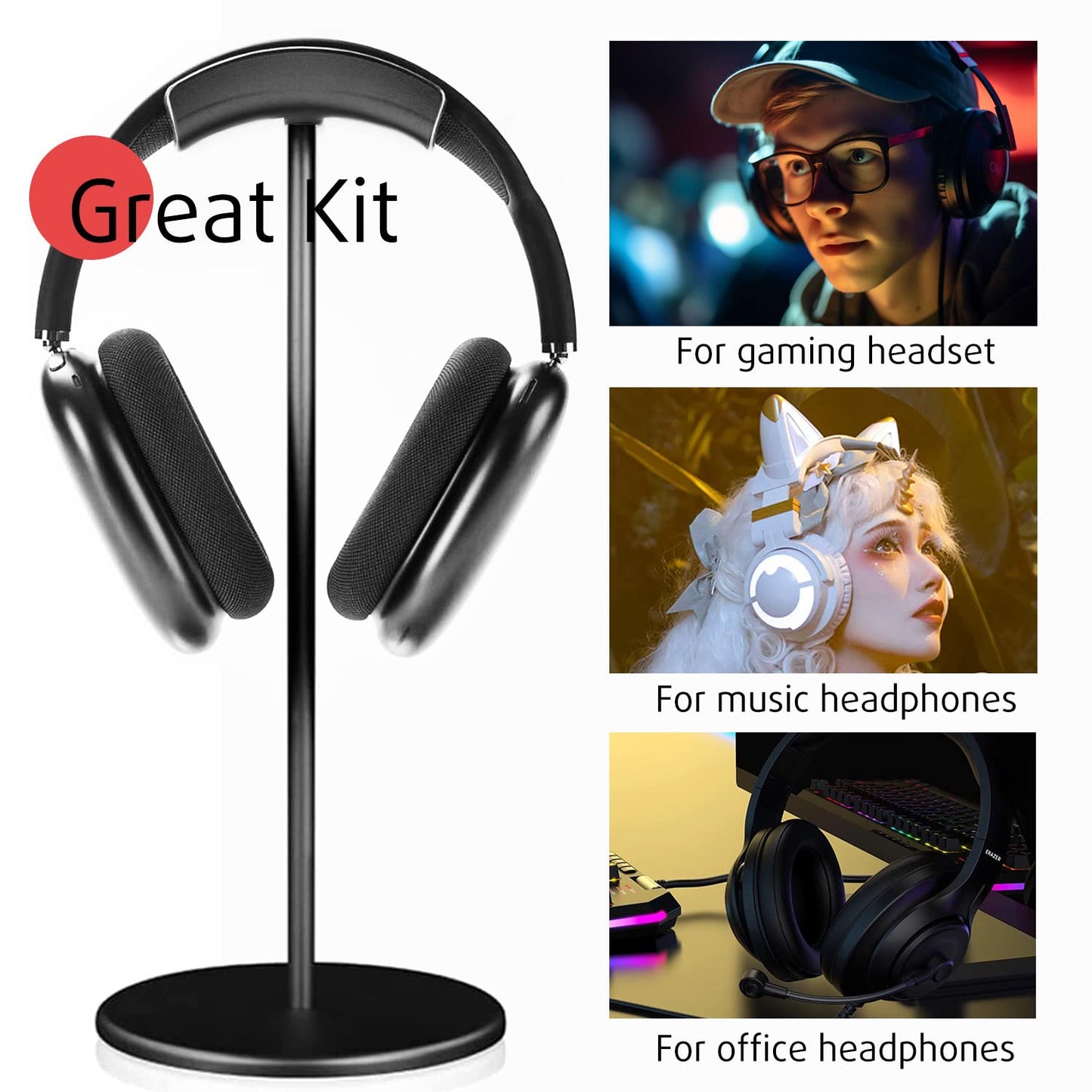 G.CATACC Headphone Stand for Desk, Anti-Slip Earphone Headset Holder for Apple, Bose, Sony, Philips, Sennheiser, Beats Gaming Over-ear Headphones - Black