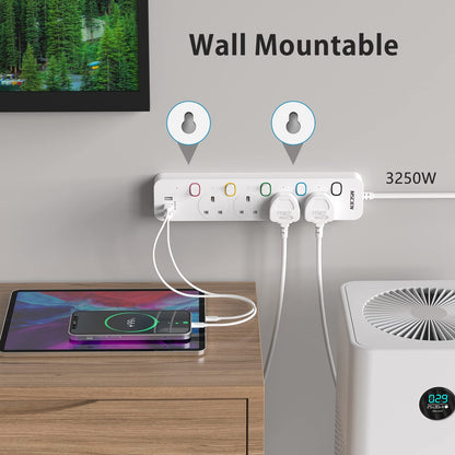 Mscien Extension Lead with USB Slots, 4 Way 3 USB Extension Socket with Individual Switches, Mountable Overload Protection Power Strips, 1.8 Meter Cable, 13A/3250W