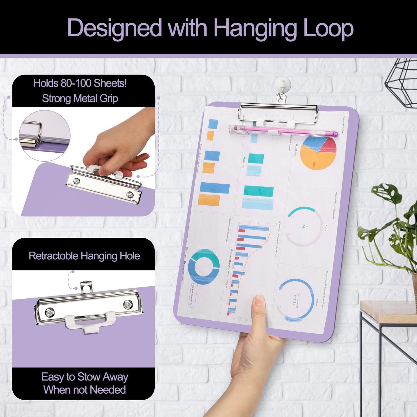 1 PCS A4 Clipboards,Plastic Clipboard with Pen Holder,Clip Boards 8.5x11 with Low Profile Clip,Cute Hanging Clipboard for School Office Supplies Clipboards for Kids,Portable ClipBoard for Nurse-Purple