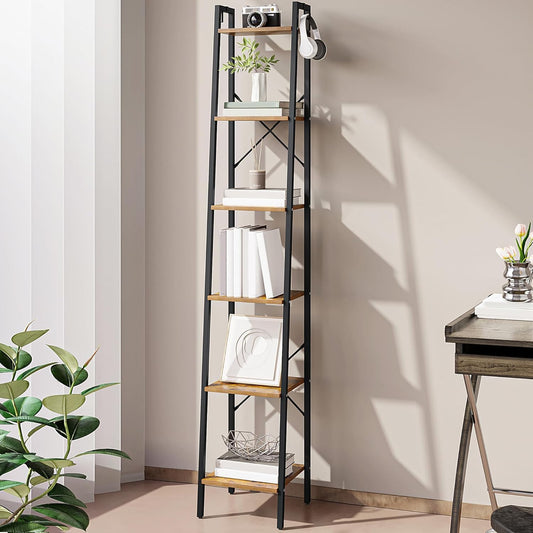 Hzuaneri Ladder Shelf, Bookshelf Bookcase, Freestanding Corner Storage Shelve with 2 Hooks for Home Office, Living Room, Kitchen, Bedroom, Industrial, 11.8"D x 13.4"W x 72.8"H, Rustic Brown BC13301B