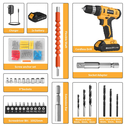 FADAKWALT 20V Cordless Drill Set ，Powerful Drill bit Sets,Torque 30N,21+1 Torque Setting,3/8” inch Keyless Chuck, 40pcs,Electric Drill with 2.0AH Li-Ion Battery and LED Light.