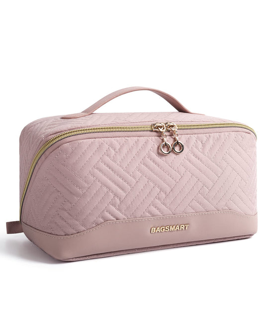 BAGSMART Makeup Bag, Travel Cosmetic Bags Water-resistent Makeup Case for Women Portable Pouch Open Flat Make Up Organizer for Toiletries, Brushes, Pink