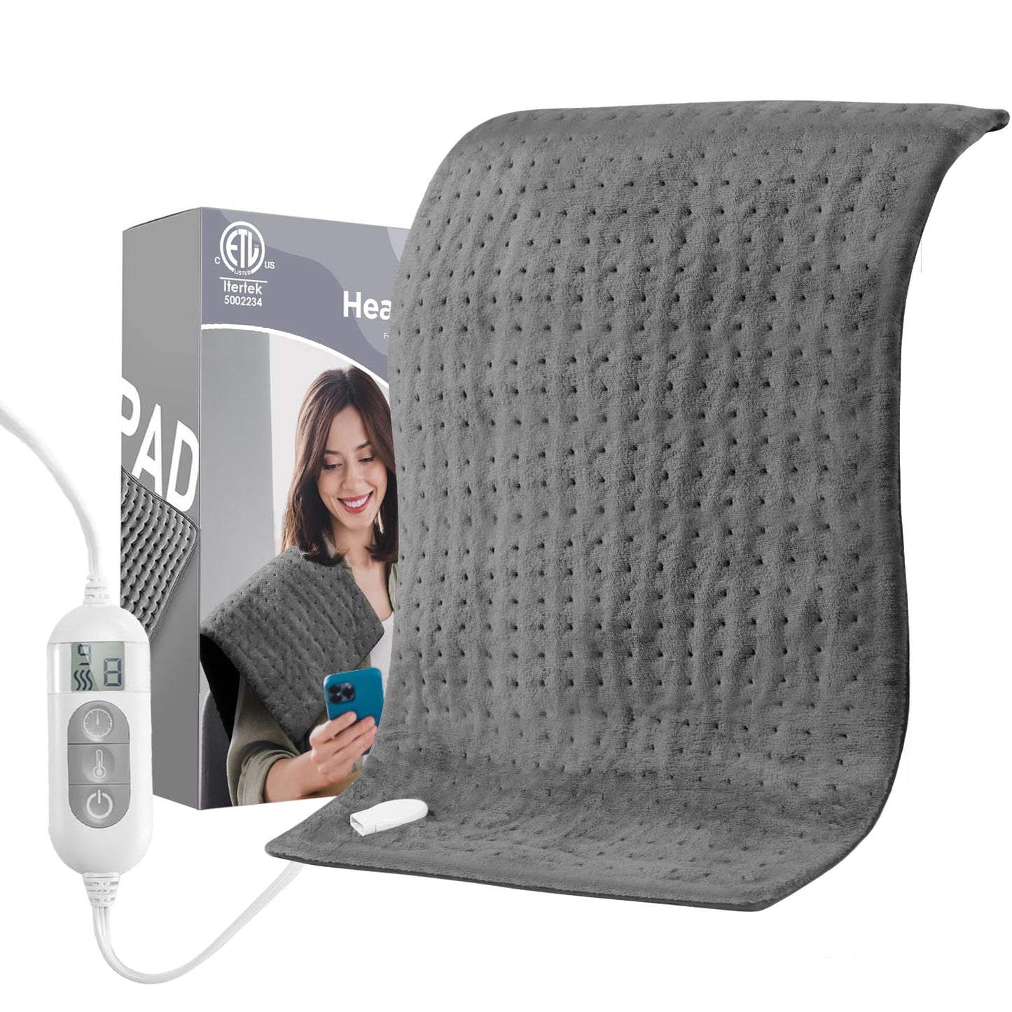 Heating Pad for Back & Cramps Relief,Electric Heat Pad Fast Heat,6 Level Heat Setting,3 Level Timming,Auto Shut Off, Machine Washable,Suitable for Back,Neck,Abdomen Pain Relief (Dark Grey, 17''×33'')