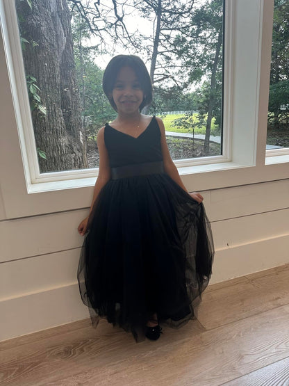 Glamulice Kids Funeral Flower Girls Black Dress Lace Bridesmaid Long A Line Wedding Pageant Dresses Tulle Spaghetti Strap Party Gown Christmas Holiday Evening Prom Princess Birthday Gown 11 12