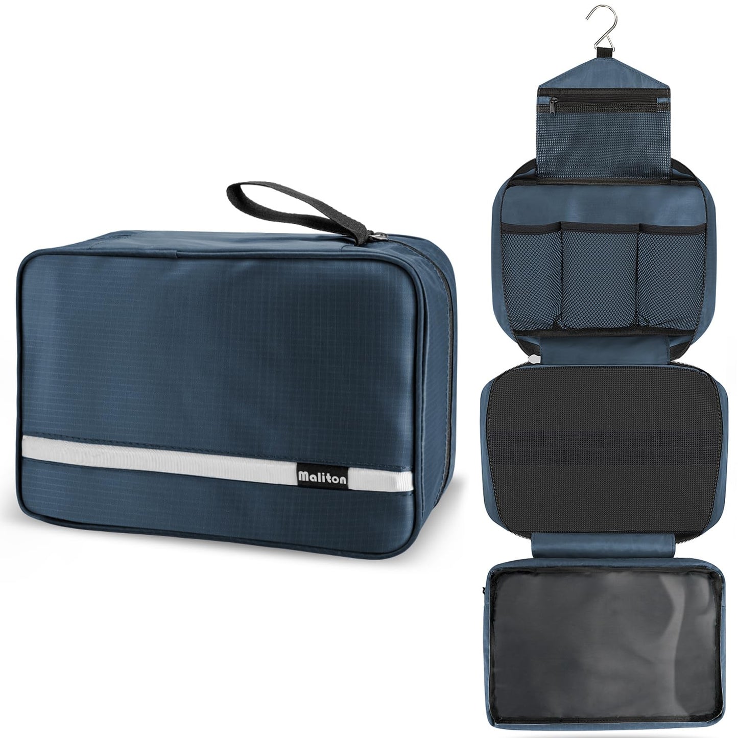 Maliton Toiletry Bag, Hanging Toiletry Bag, Foldable Makeup Bag with 4 Compartments, Waterproof Wash Bag for Business Trip, Vacation and Bathroom for Makeup Bag & Shower Bag（Navy Blue）