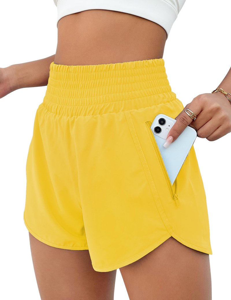 BMJL Women's Athletic Shorts High Waisted Running Short Pocket 2.5" Sporty Shorts Gym Elastic Workout Shorts(L,Bright Yellow)