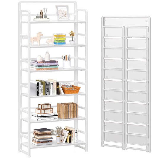 4NM No Assembly 6 Tiers Folding Bookshelf Storage Shelves Vintage Bookcase Standing Racks Study Organizer Home Office (All White)